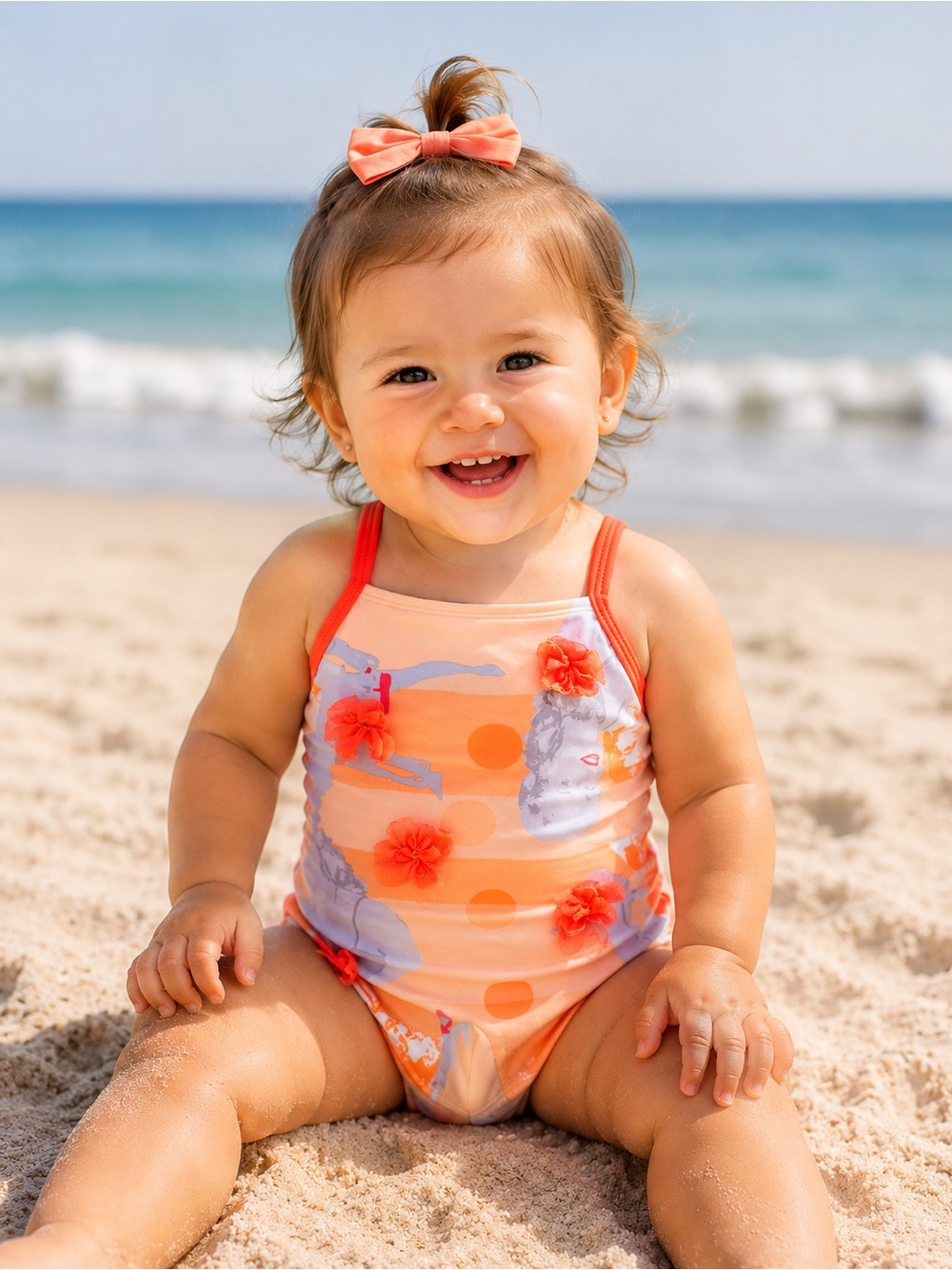SUBMARINE Orange & Peach Graphic Print Swim Romper / Sunsuit 18M